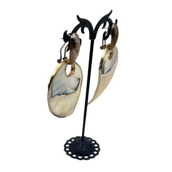 Mother Of Pearl Reversible Omega Back Earrings Abalone Gold Tone Statement Vtg - Picture 7 of 8